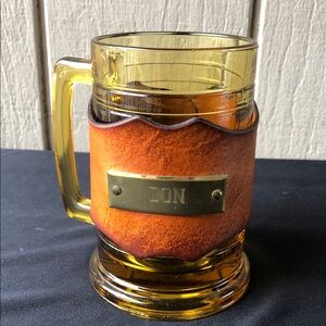 Vintage Amber Beer Glass Mug with Leather Wrap